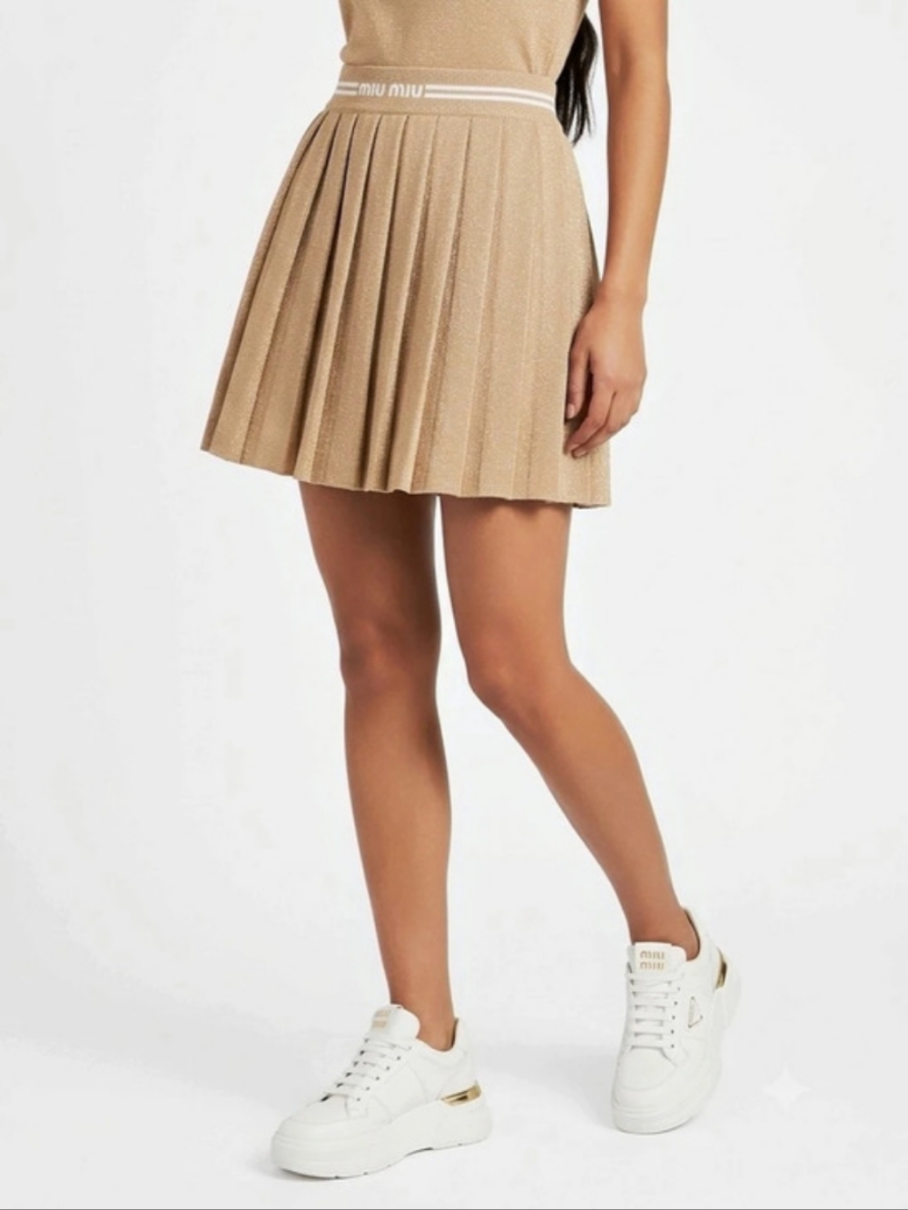 Miu Miu Lamé Rib Knit Pleated Mini Skirt Brown Size Large